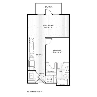 Ash at the Branch Floor Plan 1 Bedroom 1 Bath 1 Bed 1 Bath 631 sqft