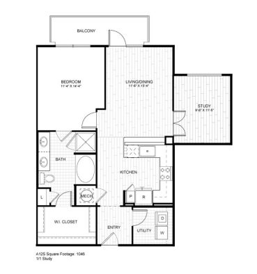 Ash at the Branch Floor Plan 1 Bedroom 1 Bath Study 1 Bed 1 Bath 930 sqft