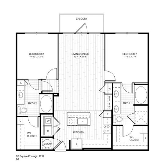 Ash at the Branch Floor Plan 2 Bedroom 2 Bath 2 Bed 2 Bath 1152 sqft