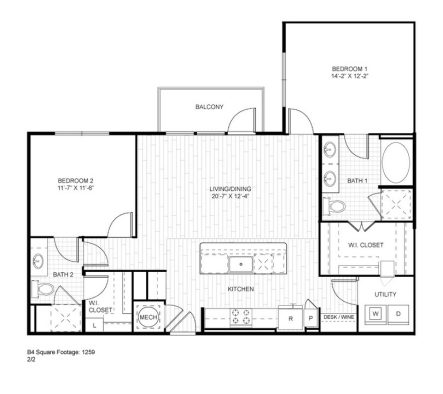 Ash at the Branch Floor Plan 2 Bedroom 2 Bath 2 Bed 2 Bath 1198 sqft