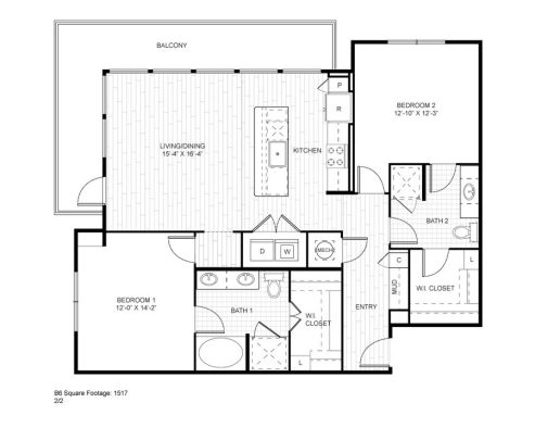 Ash at the Branch Floor Plan 2 Bedroom 2 Bath 2 Bed 2 Bath 1295 sqft