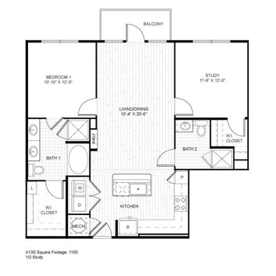 Ash at the Branch Floor Plan 1 Bedroom 1 Bath Study 1 Bed 1 Bath 1047 sqft