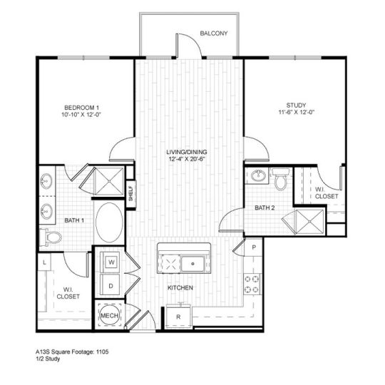 Ash at the Branch Floor Plan 1 Bedroom 1 Bath Study 1 Bed 1 Bath 1047 sqft