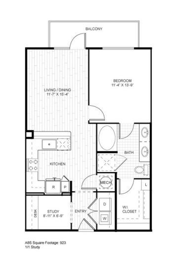 Ash at the Branch Floor Plan 1 Bedroom 1 Bath Study 1 Bed 1 Bath 837 sqft