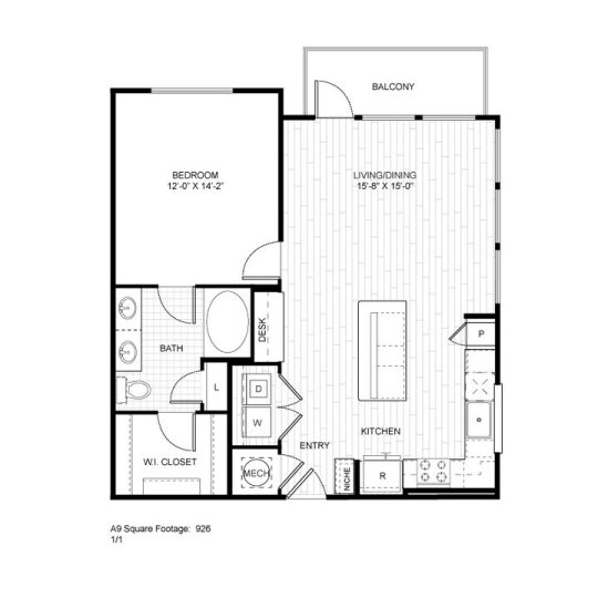 Ash at the Branch Floor Plan 1 Bedroom 1 Bath 1 Bed 1 Bath 857 sqft