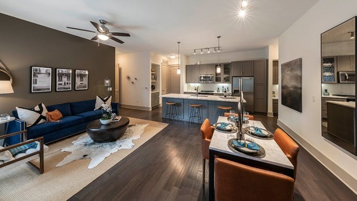 a living room and kitchen area with a blue couch at The Ash at  Branch