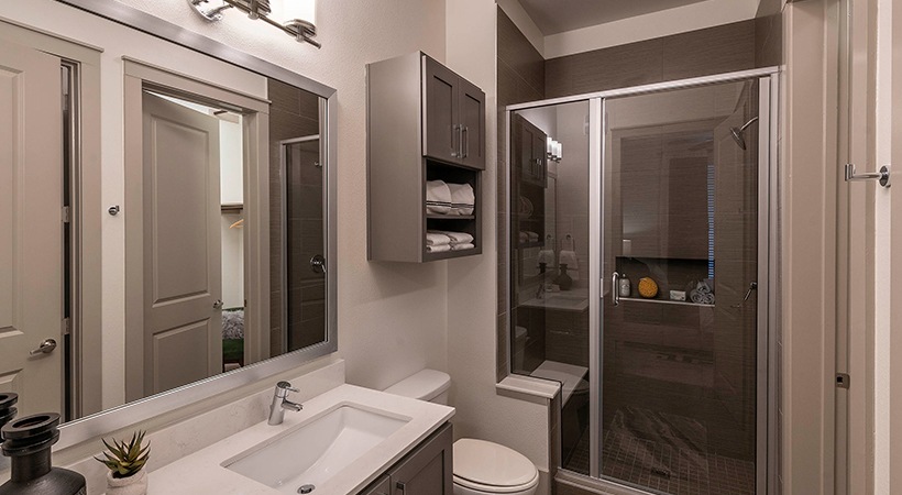 a bathroom with a shower and toilet in it at The Ash at  Branch